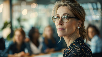 Successful woman wearing glasses talking with team in a dynamic office - Businesswoman doing a presentation in a boardroom - Models by AI generative