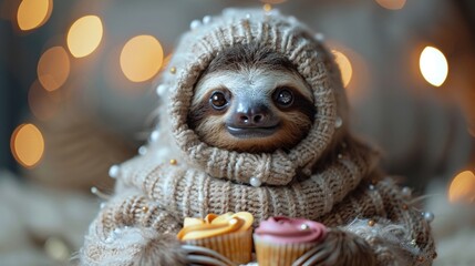 A sloth in a cozy sweater, slowly enjoying the birthday festivities in the style of stock photo image - obrazy, fototapety, plakaty