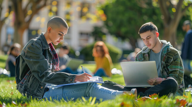 Young students sitting outside of school building on grass and studying - Shaved girl writing something while boy using laptop during spring time outside of university - Models by AI generative