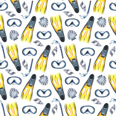 fins, shells, mask and snorkel. Watercolor illustration, hand drawn. Seamless pattern on a white background.