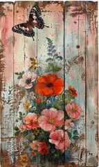 A painting of a butterfly and flowers on a wooden panel. The painting is colorful and lively, with the butterfly and flowers creating a sense of harmony and beauty. The wooden panel adds a rustic