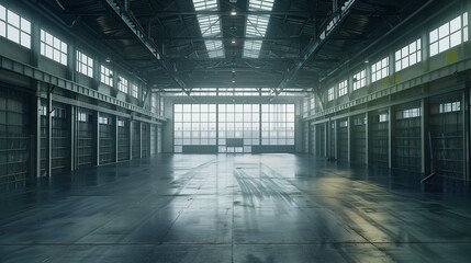 Fototapeta premium A large, empty warehouse with a lot of windows. The windows let in a lot of light, making the space feel bright and open