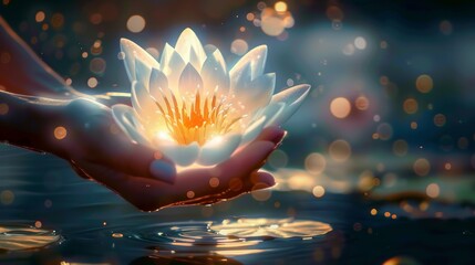 A person is holding a white flower in their hand. The flower is surrounded by water and has a glowing effect. Concept of serenity and beauty, as the person holds the flower in a peaceful setting - obrazy, fototapety, plakaty