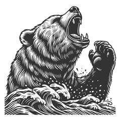 bear roaring amidst foliage, a detailed work showcasing wild nature strength sketch engraving generative ai vector illustration. Scratch board imitation. Black and white image. - 783088478