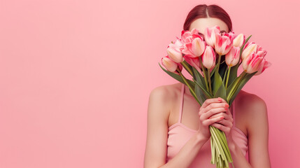 Photo of a beautiful woman holding a tulips bouquet covering her face on a pink background, banner with copy space area for Women's Day celebration or Mother's Day. A gentle girl holds an armful. 
