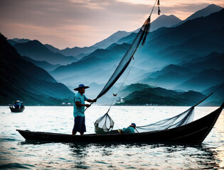 Naklejka premium A group of people in a boat on a body of water with mountains in the background.