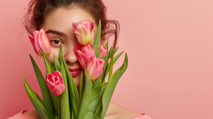 Obraz na płótnie Canvas Photo of a beautiful woman holding a tulips bouquet covering her face on a pink background, banner with copy space area for Women's Day celebration or Mother's Day. A gentle girl holds an armful. 
