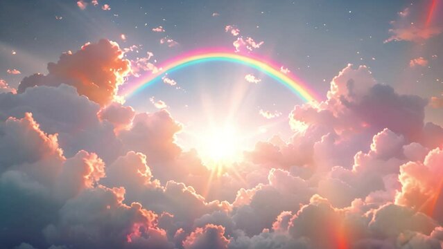 Cute animation with smiling sun and Magical fluffy clouds sparkling under a rainbow, timelapse style clouds drifting in the blue sky, background for music visualizer, kawaii aesthetic, fantasy 