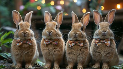 Bunnies in bow ties and floral dresses, hopping around a garden birthday soiree in the style of stock photo image