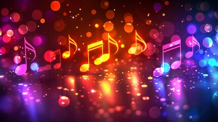 A colorful background with musical notes and lights, AI - obrazy, fototapety, plakaty