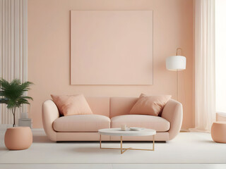 Lounge in peach fuzz 2024 color year trend. Blank empty warm room interior. Design minimal luxury style living or reception. Apricot crush color beige sofa and white creamy ivory wall. 3d render