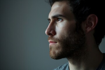 Portrait of a handsome young man with a beard on a gray background