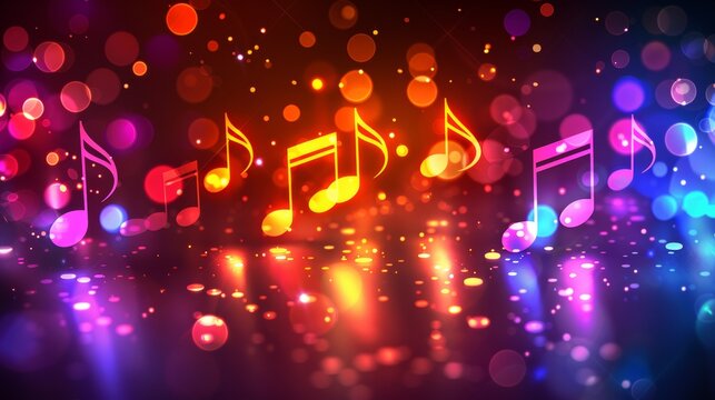 A colorful background with musical notes and lights, AI