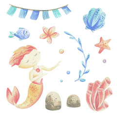 Mermaid is a little boy with fish, seashell, corals, algae, starfish. Watercolor illustration hand drawn with pastel colors turquoise, blue, coral, pink. Set of elements isolated from background