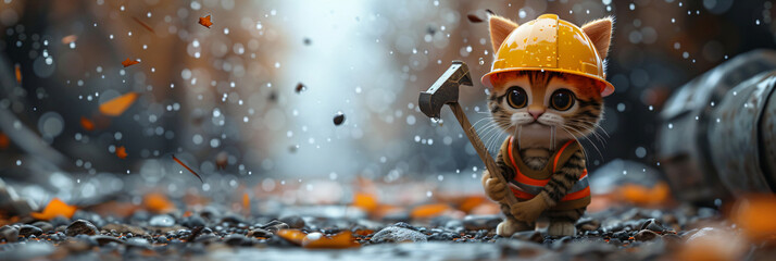 Cat in hard hat and overalls holding hammer tools. Digital artwork series of construction theme. Cute animal at work concept. Design for children's educational materials, posters, greeting cards