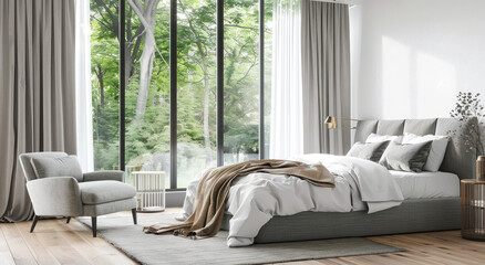 A bedroom with large windows and wooden floors, featuring gray bedding, a grey armchair, white curtains, and green plants outside the window