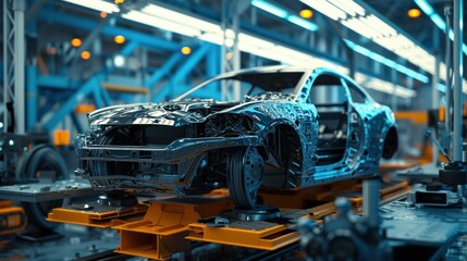 Movement of vehicles along the production line at the plant. Car Assembly shop. Car Assembly by parts