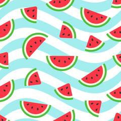 Watermelon Seamless Pattern Vector illustration. Watermelon slices on blue wave pattern background.