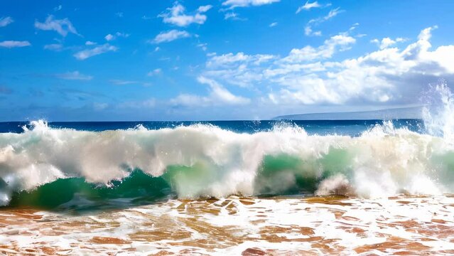 High waves of the famous Big Beach in summer, Makena State Park in Maui, Hawaii, United States.
