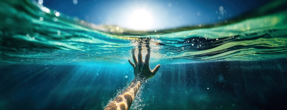 Reaching for the Surface Underwater. A single hand reaches towards the sunlight piercing through the water's surface, depicting a struggle for air
