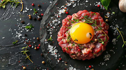 Beef steak tartare with raw egg yolk in the plate, dark background