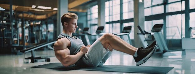 Full body side view young strong sporty athletic sportsman boy pumping abdominal abs exercises at floor on yoga mat, press warm up train indoor at gym. Workout sport concept. - obrazy, fototapety, plakaty
