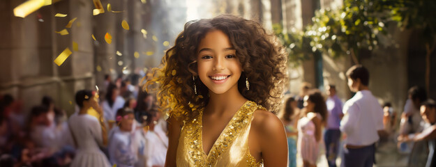 Mexican teenage girl wearing golden quinceanera dress celebrates her 15th birthday. It marks the transition from childhood to young womanhood. Panorama with copy space.
