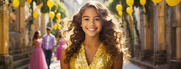 Young woman teen girl wearing a quinceanera dress celebrates her 15th birthday. It marks the transition from childhood to young womanhood. Panorama with copy space.