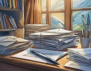 Piles of Mail and Pen on Desktop in Front of Window Illustration AI - obrazy, fototapety, plakaty
