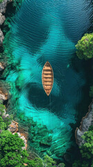 Serene aerial view of a lone wooden boat floating on a tranquil turquoise water