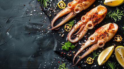 Raw squid with spices. Seafood, dark background