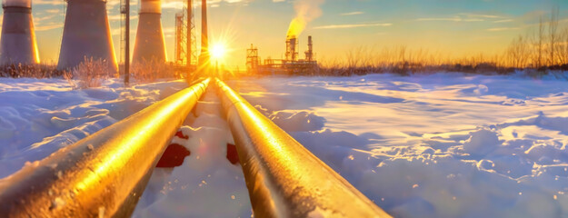 Sunlit Snowy Industrial Pipeline. The golden rays of the sun cast a warm glow on the pipelines against a backdrop of industrial towers and a wintry landscape - obrazy, fototapety, plakaty
