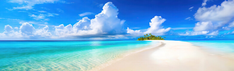 Serene Tropical Island with Fluffy Clouds Over Turquoise Water. A solitary tropical island basks...