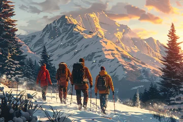 Türaufkleber Hikers viewing mountain peaks. Digital illustration. Outdoor adventure concept. Design for posters, backgrounds, adventure blogs. © Dmitry