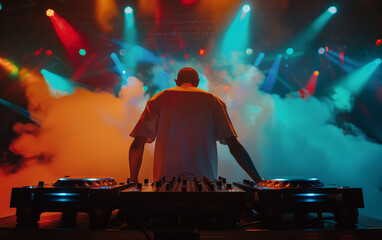 DJ spinning decks with colorful lights in nightclub - club DJ, dance music event.