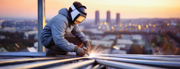 Construction Worker Welding on a High-Rise Building at Dusk. A skilled worker in protective gear performs welding on a skyscraper's structure with the city skyline in the background
