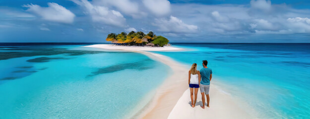 Island Serenity with Couple. Two people standing on a sandy path leading to a tree-covered island - Powered by Adobe