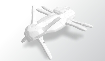 A 3D model of a spaceship in white colors is elegantly displayed on a clean white surface with a shadow on it, a futuristic design. Vector illustration.