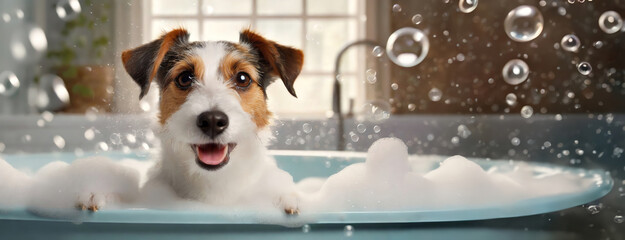 Joyful Dog Bath with Bubbles and Smiles. Happy puppy sits in a tub full of bubbles, water droplets and soap suds in the air - obrazy, fototapety, plakaty