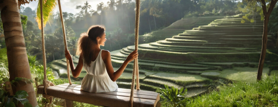 Serenity on a Swing in the Jungle. A young woman sits on a wooden swing, enjoying the view of terraced rice fields in a tropical jungle setting