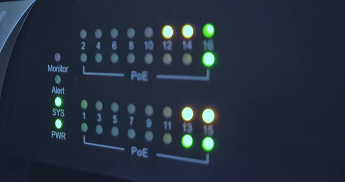 internet connections with multi-color led servers and switches in a data center, concept of cybersecurity and corporate security from hacker