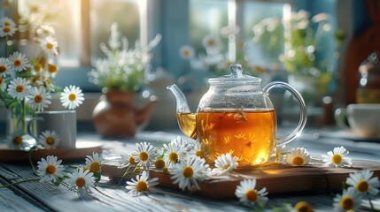 healthy chamomile tea in glass with teapot - obrazy, fototapety, plakaty
