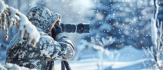A photographer is hiding in the snow, wearing camouflage and holding a large telephoto camera lens to take pictures of wildlife
