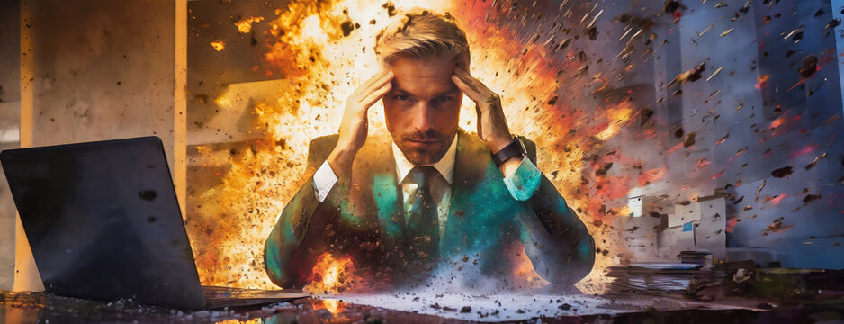 Corporate Chaos: A Man Battle with Burnout and Stress. Tired businessman with headache in a chaotic office, symbolizing extreme work stress.