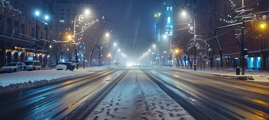Empty city street night scene after snow