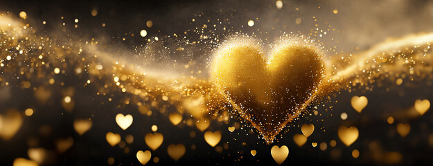 Glittering Golden Hearts Floating in Magical Dust. A sparkling celebration of love with golden hearts suspended in a shimmering cloud of magical dust - obrazy, fototapety, plakaty