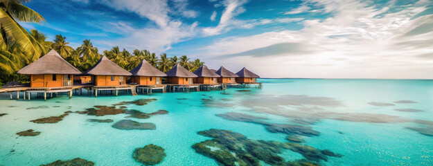 Overwater bungalows with a view of the serene sea. Luxurious thatched-roof villas stand on stilts above the clear turquoise waters of the Maldives, offering a tranquil escape. Panorama with copy space