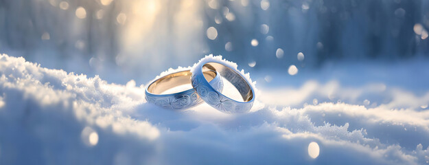 Eternal Bond in Wintry Light. Two wedding rings resting on snowy surface with shimmering bokeh effect
