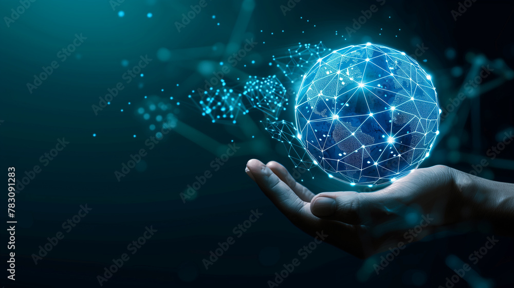 Poster a hand is holding a globe that is surrounded by a network of lines. concept of interconnectedness an