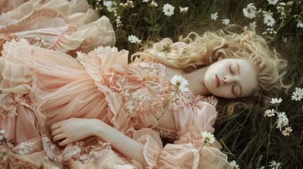 A little girl laying in a field of flowers